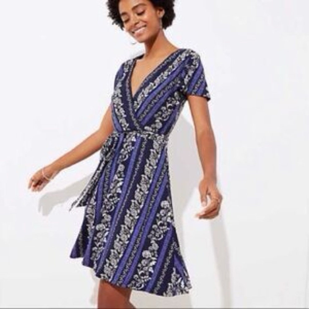 LOFT Navy Floral Stripe Wrap Dress